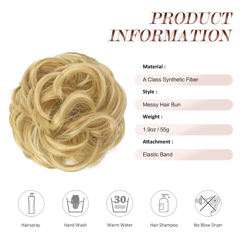 FESHFEN Messy Bun Hair Pieces - Large Wavy Curly Elastic Hair Bun Scrunchies Ponytail Extensions Synthetic Chignon Hairpieces for Women, Strawberry Blonde & Bleach Blonde 1.94oz - Image 5